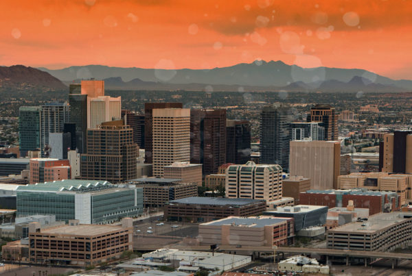 Phoenix Arizona city skyline from the sky at sunset