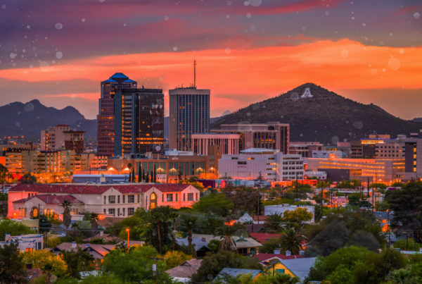Tucson Arizona city skyline at sunset