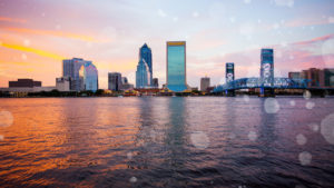 Jacksonville Florida city skyline over the water