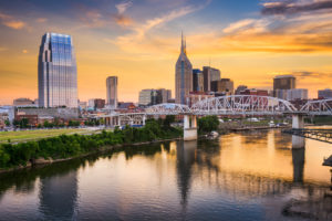 Nashville, Tennesse city with the sunset in the back