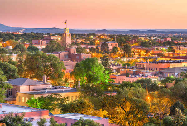 Santa Fe, New Mexico city at sunset