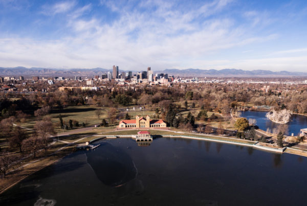 Aurora Colorado city view from the sky and a lake